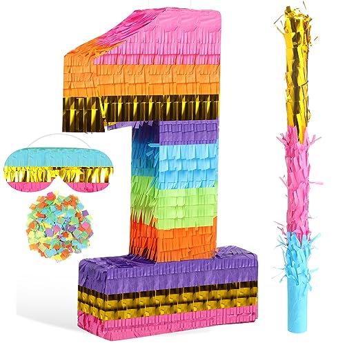 Regenbogen Zahlen Pinata für Mädchen Jungen Geburtstag Folien Zahlen Pinata mit Augenbinde Stab Konfetti für Kinder Jubiläum Tie Dye Modernes Party Zubehör Gastgeschenk Deko (Zahl 1) von Harrycle