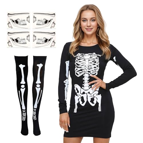 Damen Skelett Kleid Halloween Skelett Totenkopf Knochen Print Kleid Damen Langarm Neuheit Party Kleid Bodycon Kleid (S) von Harsever