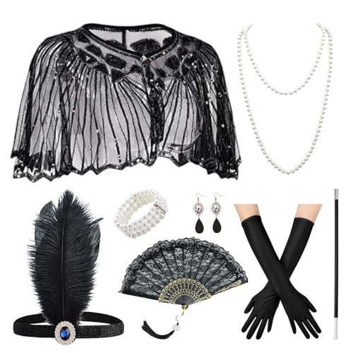 Harsever 10 Stück 1920er Jahre Flapper Great Gatsby Accessoires Set, Zubehör 20er Jahre Damen mit Schal Handschuhe und Ohrringe, Charles-Ton Damen Accessoires für Karneval Maskerade (Schwarz) von Harsever