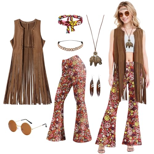 60er 70er Jahre Hippie Kostüm Damen, Bekleidung Damen Disco Outfit, Braun Hippie Weste Damen und Hose, Halskette, Ohrringe, Stirnband, für Karneval Cosplay (L) von Harsever