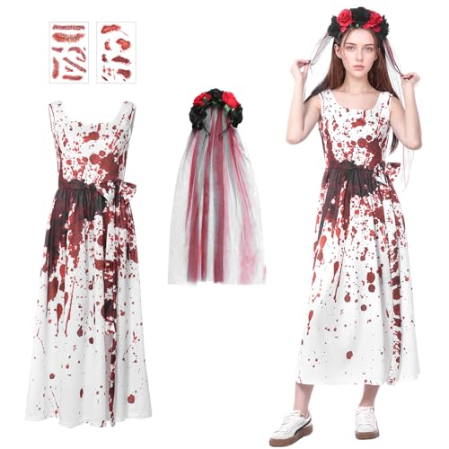 Harsever Halloween Kleid Damen, Gruselig mit Blutigem Aufdruck Party Rundhalsausschnitt Partykleid, Cocktailkleid Gothic Vintage Clothes für Cosplay Karneval (L) von Harsever