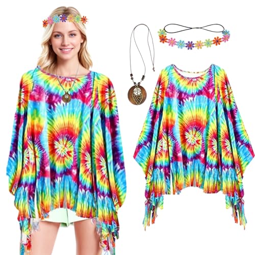 6 Stück Hippie Kostüm Damen, 60 er 70er Jahre Hippie Kleidung mit Poncho Halskette Ohrringe Sonnenbrillen, Faschingskostüm für Karneval Party (Colorful) von Harsever