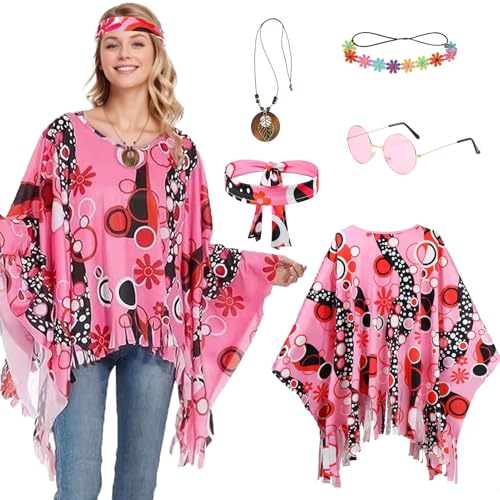 6 Stück Hippie Kostüm Damen, 60 er 70er Jahre Hippie Kleidung mit Poncho Halskette Ohrringe Sonnenbrillen, Faschingskostüm für Karneval Party (Pink) von Harsever