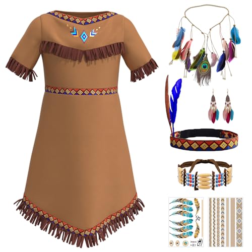 Harsever Indianer-Kostüm für Mädchen, Indianerkostüm, indisches Kleid mit Stirnband Feder Halskette Halsreif Indianer Tattoos, indisches Kostüm für Kinder für Karneval Party (Kinder, 120) von Harsever