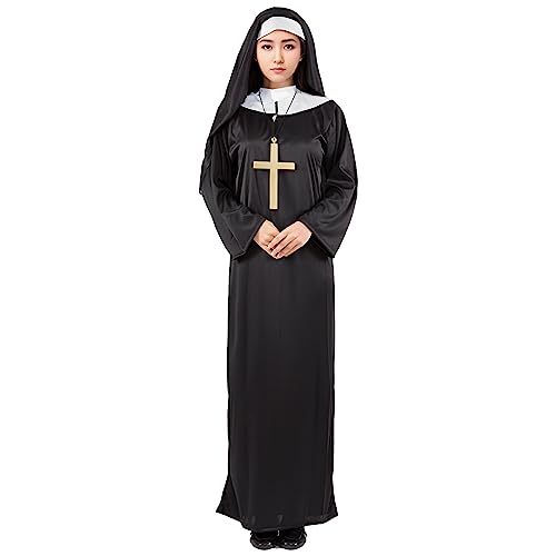 Harsever Nonnen Kostüm für Damen, Nonne Outfit Ordensschwester Kirche Damenkostüm mit Haube+Priesterkreuz für Halloween Karneval Cosplay (L) von Harsever