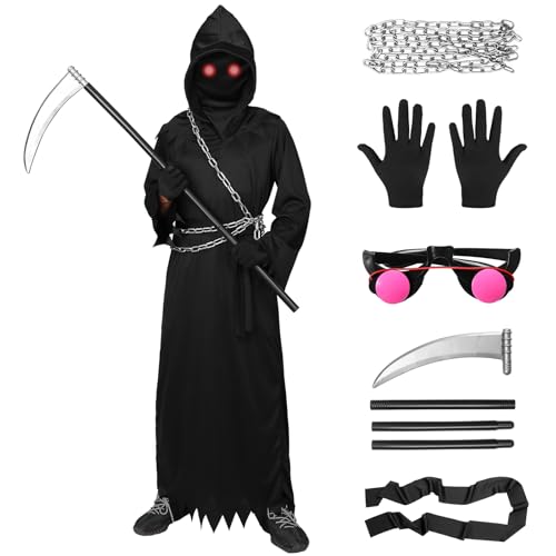 Harsever Sensenmann Cosplay Kostüm Kinder Halloween Kostüm Set Kostüm Reaper Robe mit Kette, Sense, Tod Kostüm Set Halloween Dress Up Party (155) von Harsever