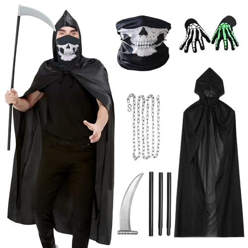 Harsever Sensenmann Kostüm, Halloween-Umhang mit Kapuze, Halloween Kostüm Unisex, Halloween Kostüm Mit Schädelmaske, Sense, Skelett Handschuhe, Kette von Harsever