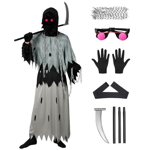 Harsever Sensenmann Kostüm, Scary Reaper Kostüm mit Sense Geisterketten Glühende Augen, Tod Kostüm Outfit Halloween Dress Up Party für Erwachsene Kinder (135) von Harsever