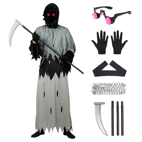 Harsever Sensenmann Kostüm, Scary Reaper Kostüm mit Sense Geisterketten Glühende Augen, Tod Kostüm Outfit Halloween Dress Up Party für Erwachsene Kinder (155) von Harsever