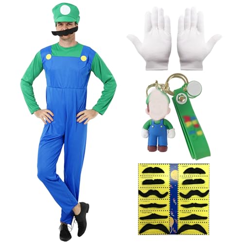 Harsever Super Plumber Brothers, Kostüm Super Bros für Kinder Erwachsene, Kostüm Super Plumber Bros Kostüm Kinder Jungen Erwachsene mit Schlüsselanhänger Schnurrbart für Karneval Halloween von Harsever