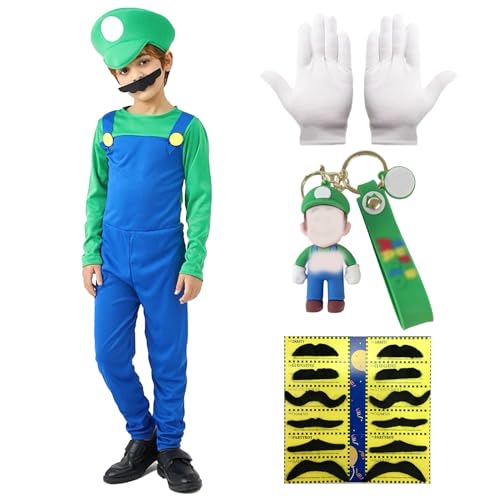 Harsever Super Plumber Brothers, Kostüm Super Bros für Kinder Erwachsene, Kostüm Super Plumber Bros Kostüm Kinder Jungen Erwachsene mit Schlüsselanhänger Schnurrbart für Karneval Halloween von Harsever