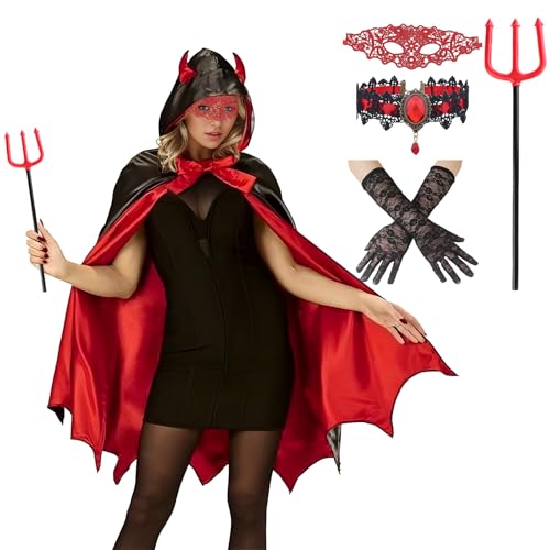 Harsever Teufel Kostüm Damen, Halloween Kostüm Damen Vampir Umhang, Teufelskostüm mit Roten Hörnern für Karneval, Halloween von Harsever