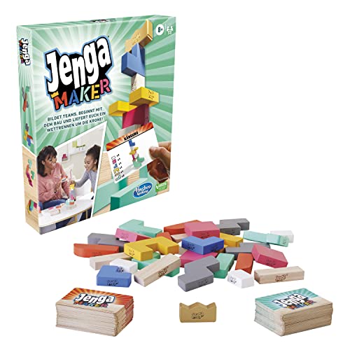 Hasbro Gaming Jenga Maker, echte Hartholz-Klötze, Stapelspiel, Spiel für Kinder ab 8 Jahren, Spiel für 2–6 Spieler von Hasbro Gaming