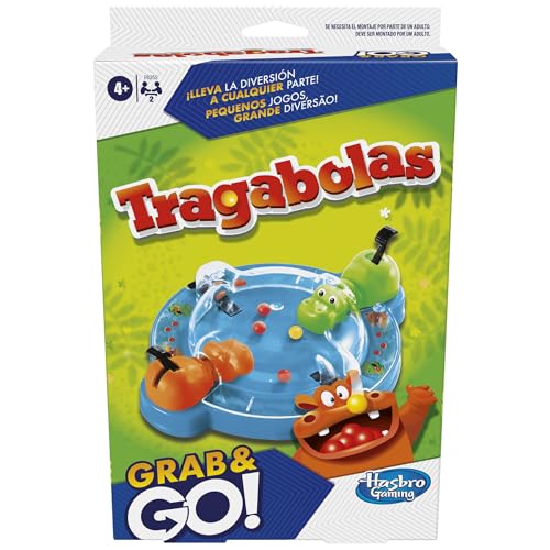 Hasbro Gaming Tragabolas Grab and Go, Tragbares Spiel für 2 Spieler, Kinderspiel für Reisen, inklusive 2 Nilpferden Promis, spanische und portugiesische Version von Hasbro Gaming