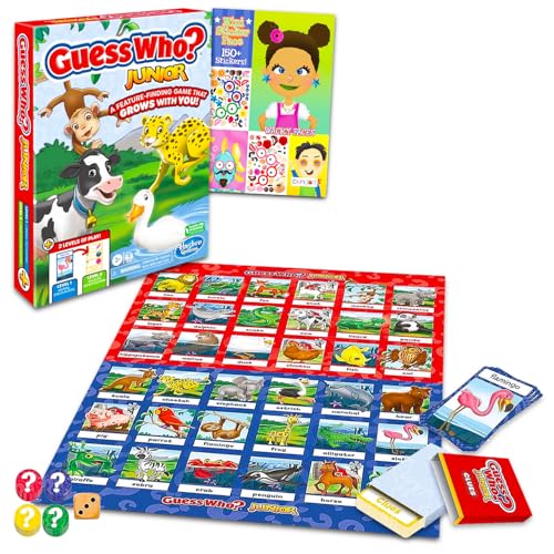 Guess Who Junior-Spiel für Kinder – Bundle mit Guess Who Tier-Ratespiel für Kinder, Jungen, Mädchen plus Sticker-Aktivitätsbuch, klassische Brettspiele für Kinder von Hasbro