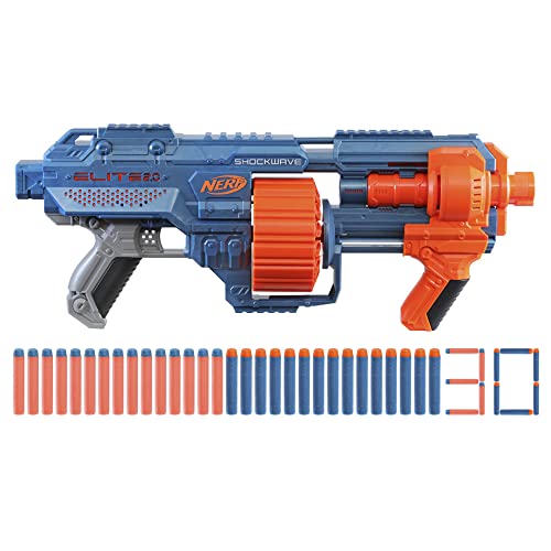 Nerf Elite 2.0 Shockwave RD-15 Blaster, 30 Nerf Darts, 15-Dart Rotationstrommel, Schnellfeuer mit Pump-Action, mit Erweiterungsoptionen, frustfreie Verpackung von NERF