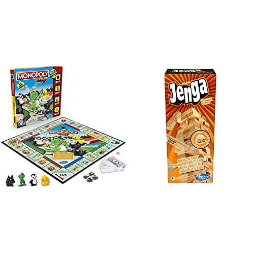 Hasbro Gaming A6984594 Monopoly - Junior, der Klassiker der Brettspiele für Kinder, ab 5 Jahren & A2120EU4 - Jenga Classic, Kinderspiel das die Reaktionsgeschwindigkeit fördert, ab 6 Jahren von Hasbro