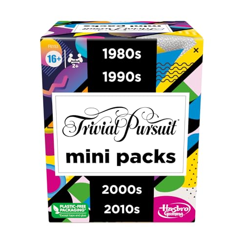 Trivial Pursuit Mini-Packungen, Multipack, lustige Wissenswerte Fragen für Erwachsene und Jugendliche ab 16 Jahren, enthält 4 Spiele mit 4 Jahrzehnten, Sprache- Englisch (‎Mehrfarbig) von Hasbro Gaming