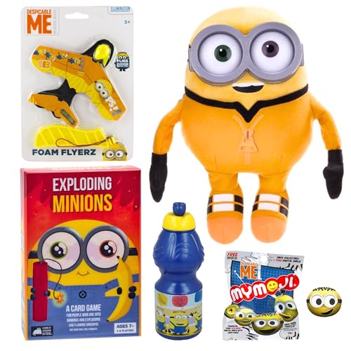 Hasbro Ich - Einfach Unverbesserlich Minions Toys & Games Mega Bundle – Explodierendes Minions Kartenspiel, Schaumstoffflieger, MyMoji Miniaturfiguren, Wasserflasche & Plüschtier – (Bob Plüsch-Bundle) von Hasbro