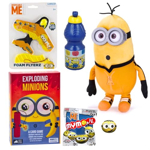 Hasbro Ich - Einfach Unverbesserlich Minions Toys & Games Mega Bundle – Explodierendes Minions Kartenspiel, Schaumstoffflieger, MyMoji Miniaturfiguren, Wasserflasche & Plüschtier – (Kevin Plush von Hasbro