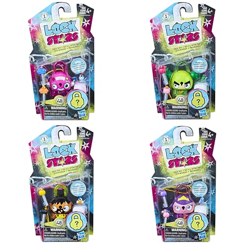 Hasbro Lock Stars Serie 1 Miniatur-Sammelfigur, 7 cm, Spielzeugfigur, Lock-On-Clip mit Zubehör, 4 Stück, Set 2 – rosa Roboter, Kaktus, Höhlenmensch und lila Prinzessin von Hasbro