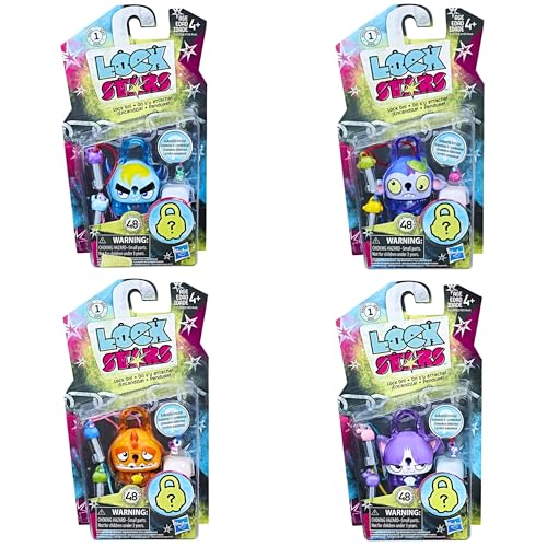 Hasbro Lock Stars Serie 1 Miniatur-Spielfigur, 7 cm, mit Zubehör, 4 Stück, Set 1 – Blau gehörntes Monster, grobes Gehirn, orangefarbener Dinosaurier und lila Katze von Hasbro