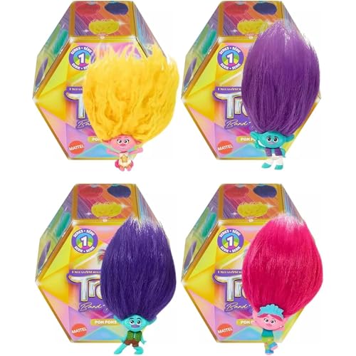 Hasbro Trolls Band Together Pom Poms Serie 1 Miniatur-Schlüsselclip Spielzeugfigur Blind Box Identifiziertes Set - 4 Stück von Hasbro