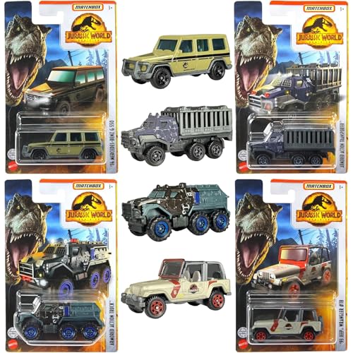 Matchbox Jurassic World Dominion Druckguss-Modellfahrzeuge – 4er-Set – Mercedes-Benz G 550, gepanzerter Action-Transporter, gepanzerter Action-Truck und Jeep Wrangler von Hasbro