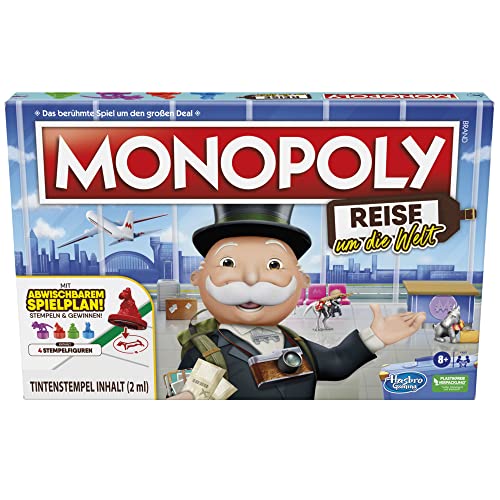 Hasbro Monopoly Reise um die Welt, Brettspiel für Kinder und Erwachsene, perfekt zum Mitnehmen und die Welt kennenlernen, mit dem bekannten Mr. Monopoly, ab 8 Jahre geeignet (deutsche Ausgabe) von Monopoly