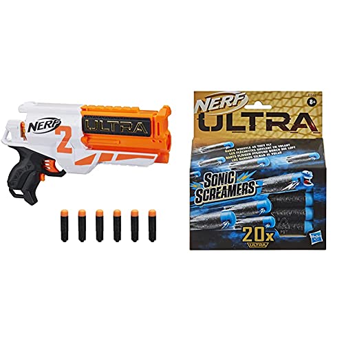 Nerf Ultra Two motorisierter Blaster – schnelles Nachladen von hinten – enthält 6 Nerf Ultra Darts & Ultra Sonic Screamers 20er Dart Nachfüllpack, die Darts fliegen pfeifend durch die Luft von Hasbro