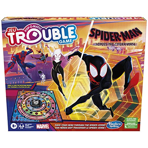 Trouble: Spider-Man Across The Spider-Verse Edition Spiel für Marvel-Fans, ab 8 Jahren, Spiel für 2-4 Spieler, mit drehbarem Spielbrett (Englisch & Französisch) von Hasbro