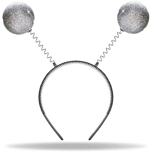 Hatstar Alien Haarreif in silber | Halloween Kopfschmuck mit 2 runden schwingenden Kugeln | Glitzer Disco Bälle | Accessoire zum Fasching & Karneval Kostüm | Haarschmuck Damen, Herren, Kinder von Hatstar