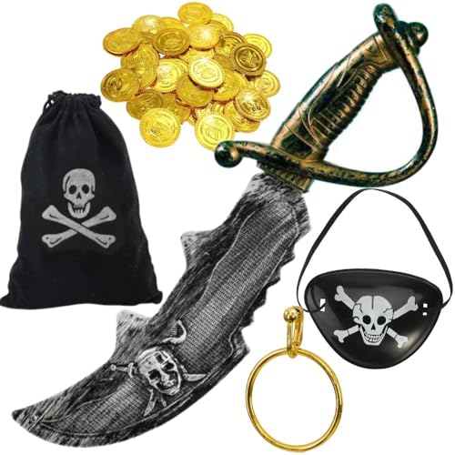 Hatstar 5tlg. Piraten Zubehör Set | Säbel + Augenklappe mit Totenkopf + Münzbeutel + Ohrring | Accesoires zu Karneval & Fasching | für Kinder, Jungen & Mädchen von Hatstar