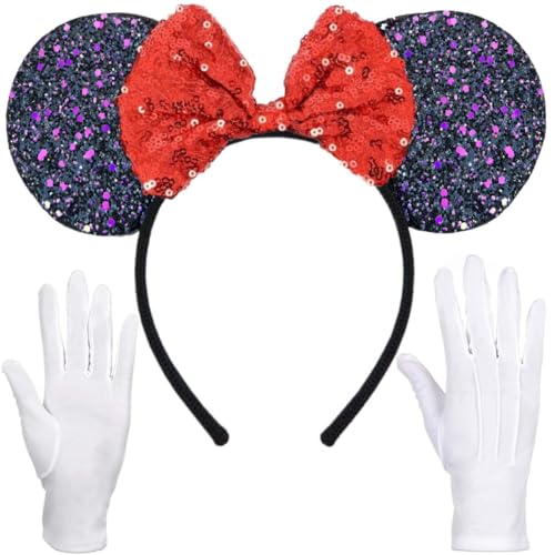 Hatstar Glitzer Maus Ohren Haarreif Set | schwarz mit Schleife in rot & Pailletten + weiße Handschuhe | für Damen und Mädchen | Kopfschmuck für Halloween, Karneval & Fasching Kostüm Accessoire von Hatstar