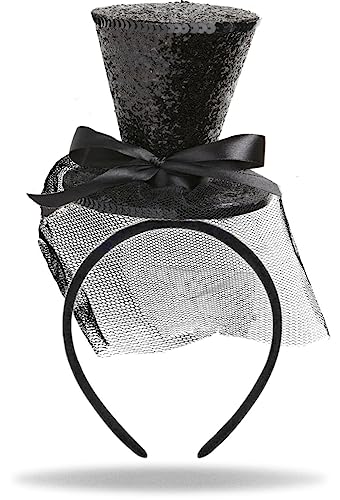 Hatstar Glitzer Mini Zylinder Haarreif | Damen Stirnband | Herren Party Hut | Haarrschmuck mit Schleife & Schleier | Accessoire für Halloween, Karneval & Fasching | Silvester Neujahr Glitzer (schwarz) von Hatstar