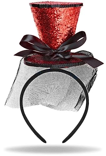 Hatstar Glitzer Mini Zylinder Haarreif | Damen Stirnband | Herren Party Hut | Haarrschmuck mit Schleife & Schleier | Accessoire für Halloween, Karneval & Fasching | Silvester Neujahr Glitzer (rot) von Hatstar