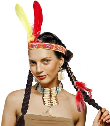 Hatstar Indianer Haarband Stirnband | Haarschmuck elastisch mit 2 Federn | Kopfschmuck für Fasching, Karneval, Motto Party | Federschmuck Accessoire für Damen, Herren und Kinder Kostüm von Hatstar