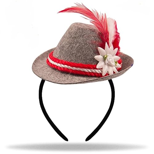 Hatstar Mini Tiroler Hut | Seppelhut Haarreif mit Feder | Seppl Hut Haarband für Oktober Fest-Party | Kostüm Accessoire für Damen & Herren (Seppel Hut rot) von Hatstar