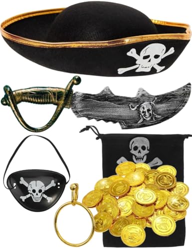 Hatstar Piraten Kinder Set 6tlg. | Hut + Säbel + Augenklappe mit Totenkopf + Münzbeutel + Ohrring | Accesoires zu Karneval & Fasching | für Kinder, Jungen & Mädchen von Hatstar