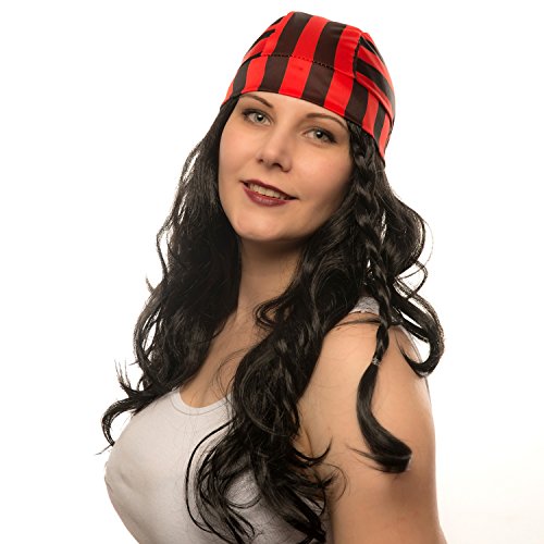 Hatstar Piraten Piratin Perücke Seeräuber mit Bandana und Perlen Karneval und Fasching (Pirat Schwarz - Kopftuch Rot/Schwarz) von Hatstar