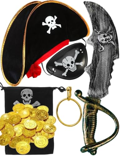 Hatstar Piraten Set 6tlg. | Hut + Säbel + Augenklappe mit Totenkopf + Münzbeutel + Ohrring | Accesoires zu Karneval & Fasching | fürErwachsene, Kinder, Jungen & Mädchen von Hatstar