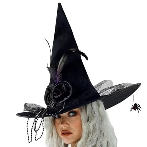 Hexenhut für Halloween-Party, Tüll, gefiederte Zauberermütze, Cosplay, Kostüm, Zubehör, Kopfbedeckung, Maskeraden, Partyzubehör von Hattba