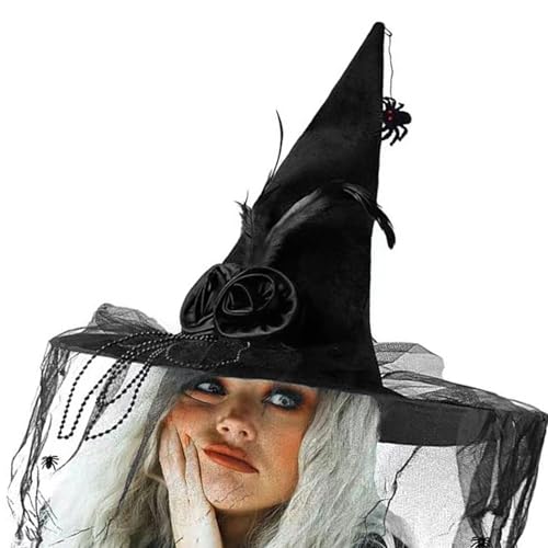 Hexenhut für Halloween-Party, Tüll, gefiederte Zauberermütze, Cosplay, Kostüm, Zubehör, Kopfbedeckung, Maskeraden, Partyzubehör von Hattba