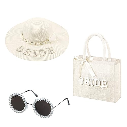 Strohhut, Tasche, Sonnenbrille, Set mit zarten Perlen für Braut, Junggesellinnenabschied, Junggesellinnenabschied, Junggesellinnenabschied, Party-Dekorationen von Hattba