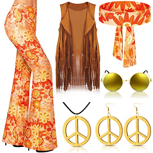 Haull 7-teiliges Hippie-Kostüm-Set für Damen, 60er- und 70er-Jahre-Kostüm-Set, Boho, ausgestellte Hose, Fransenweste, Friedenszeichen, Zubehör-Set, Mehrfarbig, M von Haull