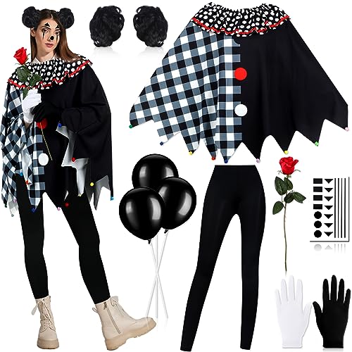 Haull 11 Pcs Damen Scary Poncho Clown Kostüm Set Narren Killer Kostüm Rote Rose Ballon Clown Perücke Handschuhe Leggings für Frauen Halloween Cosplay Zubehör von Haull