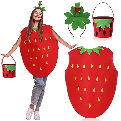 Haull 3-teiliges Halloween-Erdbeer-Kostüm, Erdbeer-Poncho-Outfits, Kostüm für Frauen mit Erdbeer-Stirnband, Erdbeer-Handkorb, lustiges Obstkostüm für Halloween, Cosplay, Verkleidungsparty, Rot / Grün, von Haull