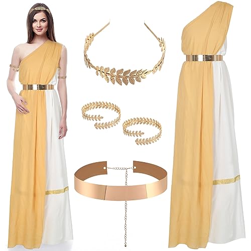 Haull 5-teiliges goldenes Toga-Kostüm für Damen, Mythologie, Athena-Kostüm, griechische Outfits mit griechischer Krone, Bund für Halloween, Verkleidung, Partyzubehör von Haull