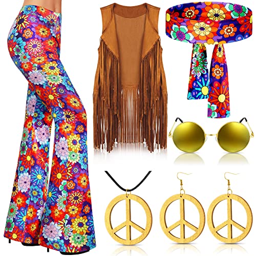 Haull 7 Pcs 60er 70er Jahre Outfits für Frauen Hippie Kostüm Set Boho Ausgestellte Hosen Fransen Weste Peace Zeichen Zubehör Set, Mehrfarbig, XL von Haull