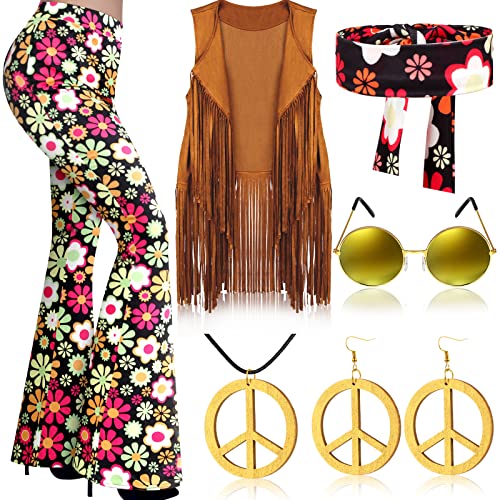 Haull 7 Pcs 60er 70er Jahre Outfits für Frauen Hippie Kostüm Set Boho Ausgestellte Hosen Fransen Weste Peace Zeichen Zubehör Set, Mehrfarbig, XXL von Haull